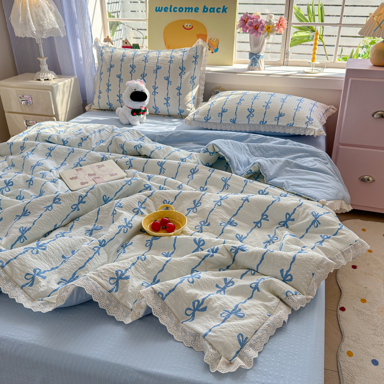 91家纺网 家纺一手货源 找家纺 弗苓家纺 2026新款高克重泡芙棉花边款夏被夏凉被空调被四件套小红书推荐-风格二 蓝缎结