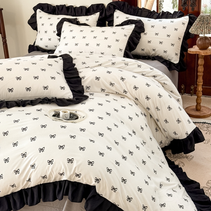 91家纺网 家纺一手货源 找家纺 晚爱家纺（原晚安家居） 2026新款法式花边水洗棉四件套赫本风韩版针织云朵棉三件套 法式风-蝴蝶结