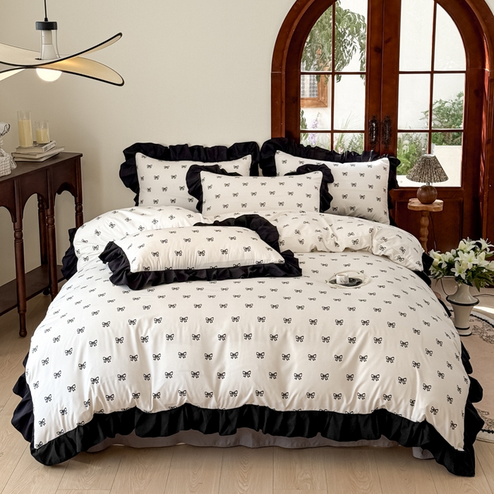 91家纺网 家纺一手货源 找家纺 晚爱家纺（原晚安家居） 2026新款法式花边水洗棉四件套赫本风韩版针织云朵棉三件套 法式风-蝴蝶结