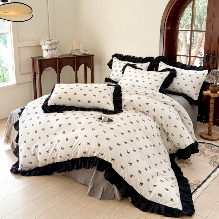 91家纺网 家纺一手货源 找家纺 晚爱家纺（原晚安家居） 2026新款法式花边水洗棉四件套赫本风韩版针织云朵棉三件套 法式风-蝴蝶结