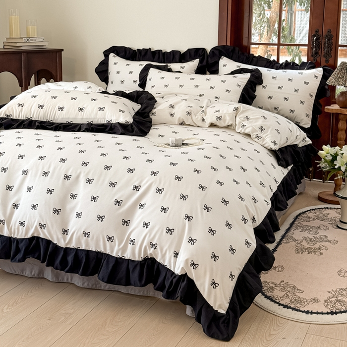 91家纺网 家纺一手货源 找家纺 晚爱家纺（原晚安家居） 2026新款法式花边水洗棉四件套赫本风韩版针织云朵棉三件套 法式风-蝴蝶结