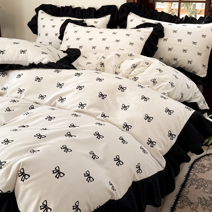 91家纺网 家纺一手货源 找家纺 晚爱家纺（原晚安家居） 2026新款法式花边水洗棉四件套赫本风韩版针织云朵棉三件套 法式风-蝴蝶结