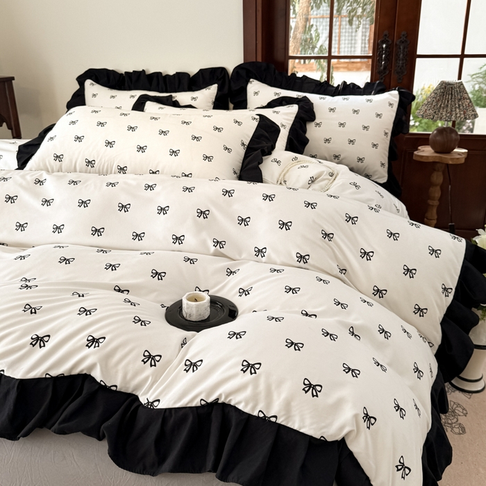 91家纺网 家纺一手货源 找家纺 晚爱家纺（原晚安家居） 2026新款法式花边水洗棉四件套赫本风韩版针织云朵棉三件套 法式风-蝴蝶结