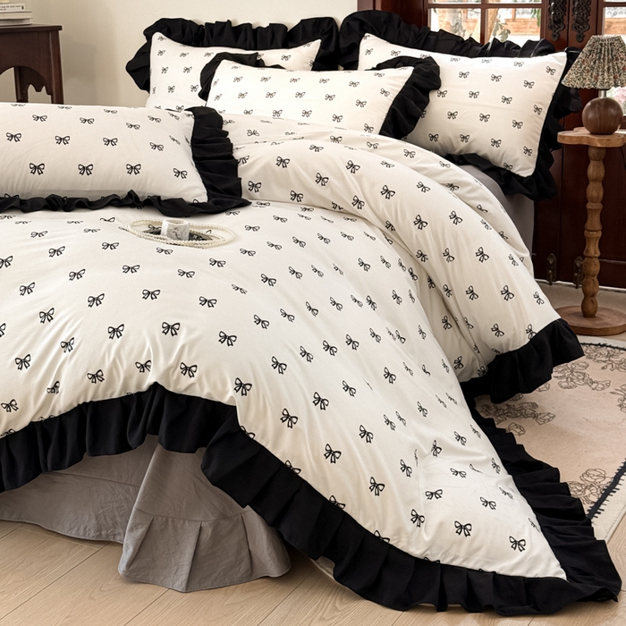 91家纺网 家纺一手货源 找家纺 晚爱家纺（原晚安家居） 2026新款法式花边水洗棉四件套赫本风韩版针织云朵棉三件套 法式风-蝴蝶结