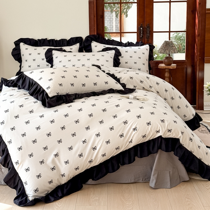 91家纺网 家纺一手货源 找家纺 晚爱家纺（原晚安家居） 2026新款法式花边水洗棉四件套赫本风韩版针织云朵棉三件套 法式风-蝴蝶结