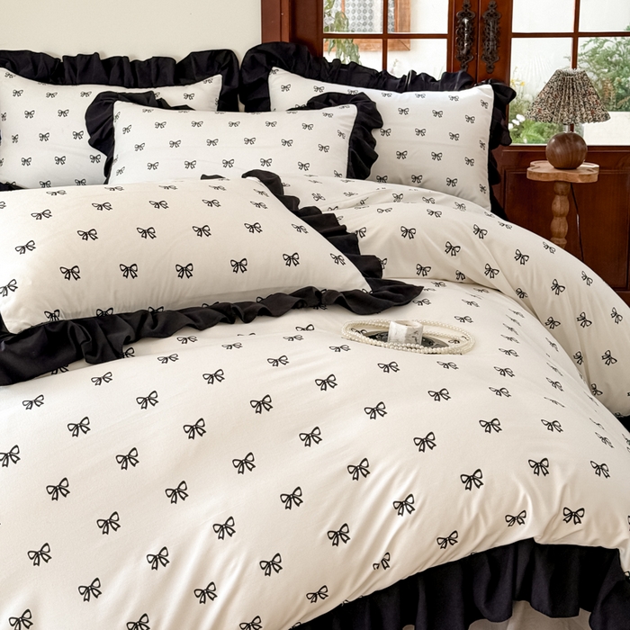 91家纺网 家纺一手货源 找家纺 晚爱家纺（原晚安家居） 2026新款法式花边水洗棉四件套赫本风韩版针织云朵棉三件套 法式风-蝴蝶结