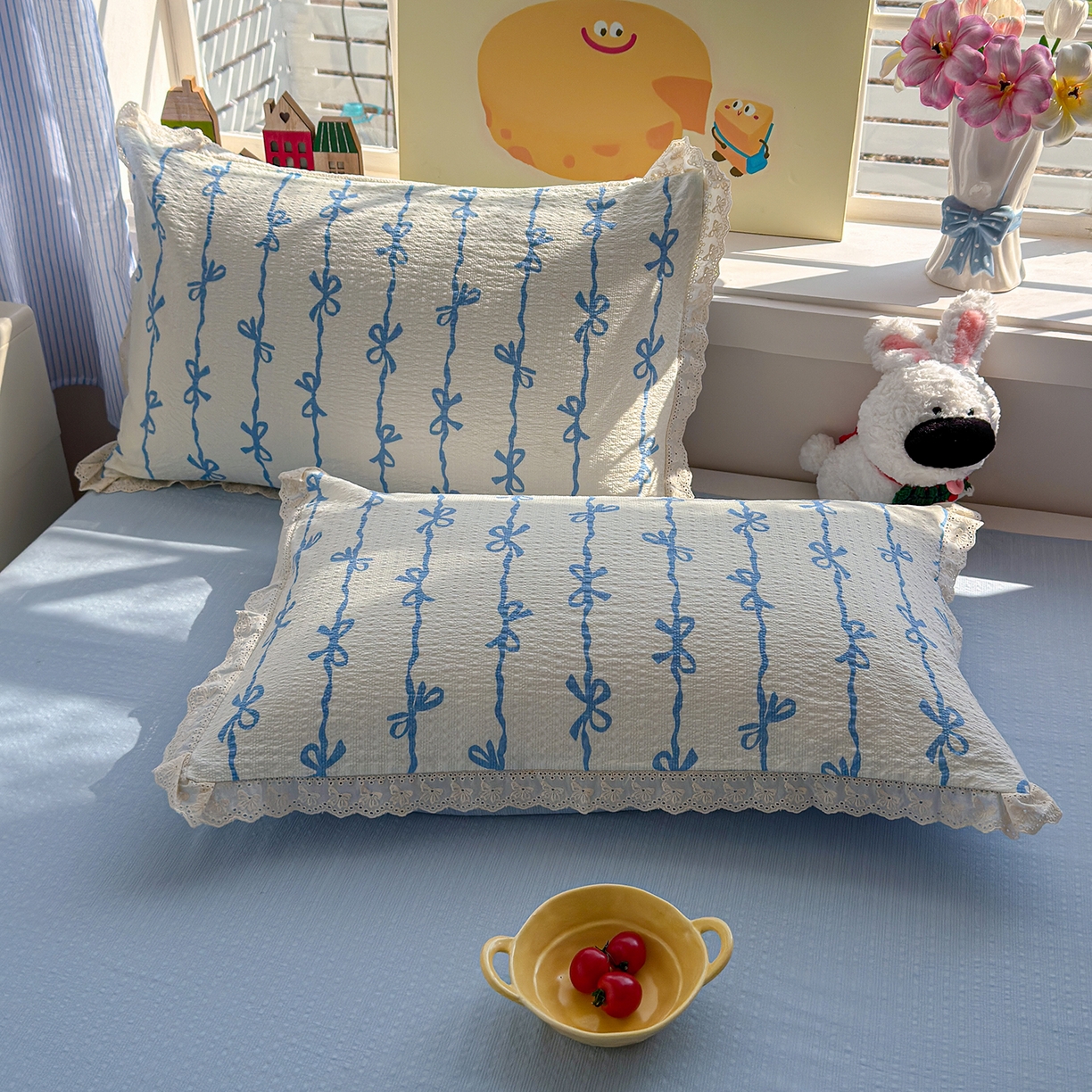 91家纺网 家纺一手货源 找家纺 弗苓家纺 2026新款高克重泡芙棉花边款夏被夏凉被空调被四件套小红书推荐-风格二 蓝缎结