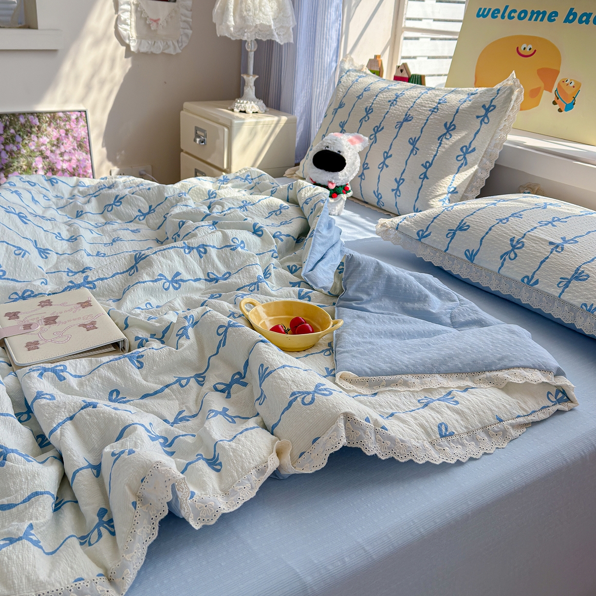 91家纺网 家纺一手货源 找家纺 弗苓家纺 2026新款高克重泡芙棉花边款夏被夏凉被空调被四件套小红书推荐-风格二 蓝缎结