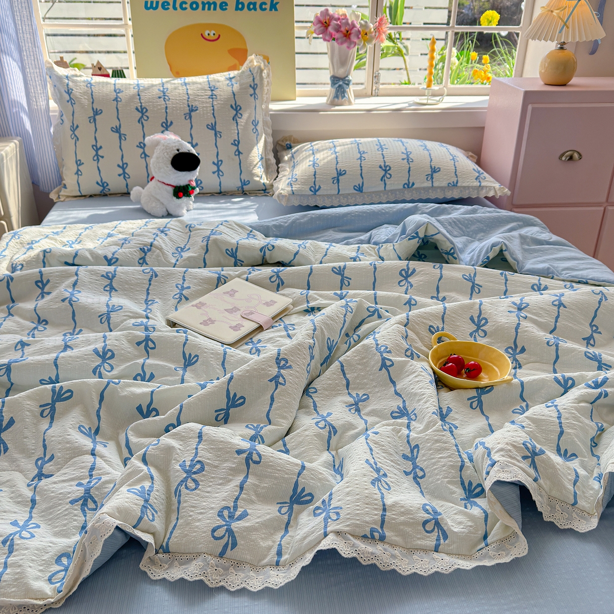 91家纺网 家纺一手货源 找家纺 弗苓家纺 2026新款高克重泡芙棉花边款夏被夏凉被空调被四件套小红书推荐-风格二 蓝缎结