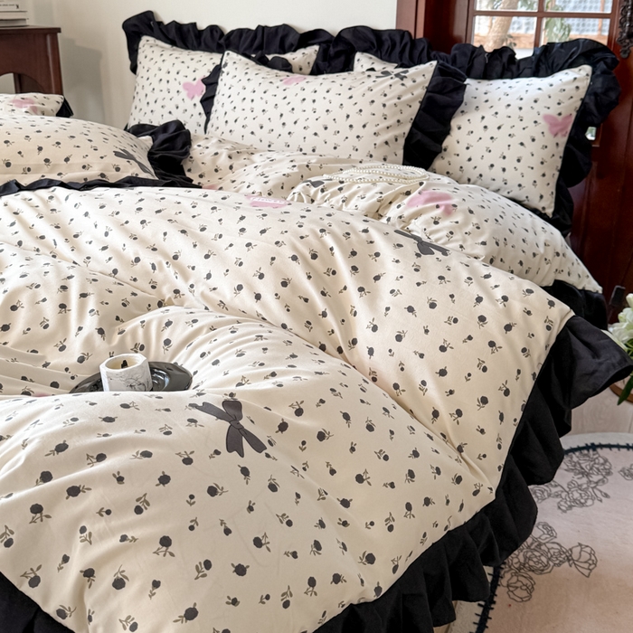 91家纺网 家纺一手货源 找家纺 晚爱家纺（原晚安家居） 2026新款法式花边水洗棉四件套赫本风韩版针织云朵棉三件套 法式风-花香