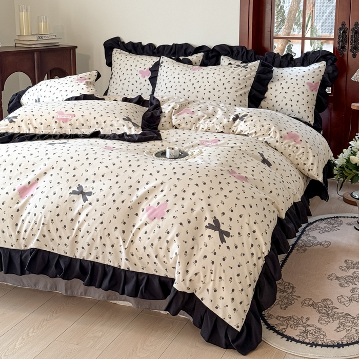 91家纺网 家纺一手货源 找家纺 晚爱家纺（原晚安家居） 2026新款法式花边水洗棉四件套赫本风韩版针织云朵棉三件套 法式风-花香