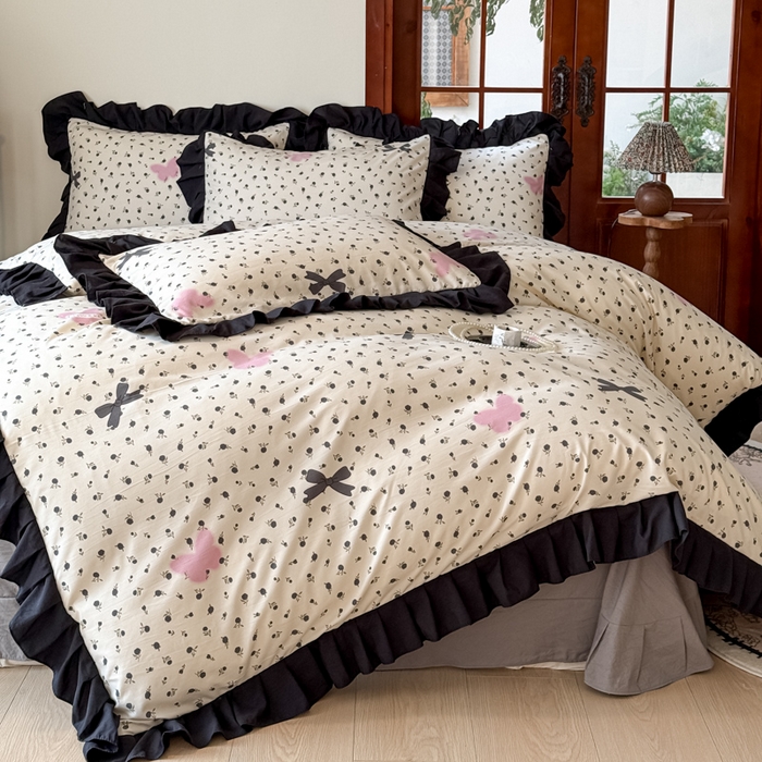 91家纺网 家纺一手货源 找家纺 晚爱家纺（原晚安家居） 2026新款法式花边水洗棉四件套赫本风韩版针织云朵棉三件套 法式风-花香