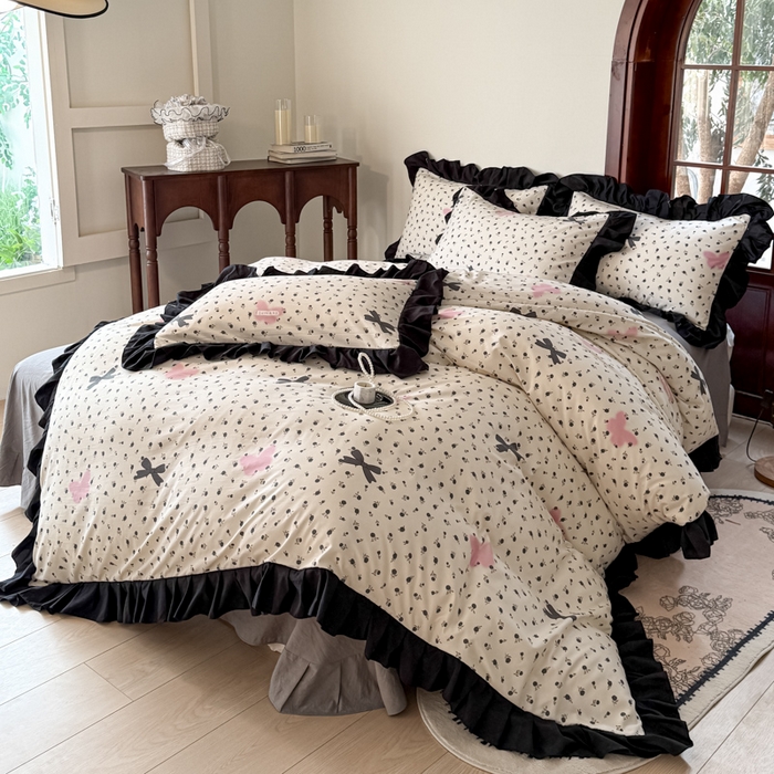 91家纺网 家纺一手货源 找家纺 晚爱家纺（原晚安家居） 2026新款法式花边水洗棉四件套赫本风韩版针织云朵棉三件套 法式风-花香