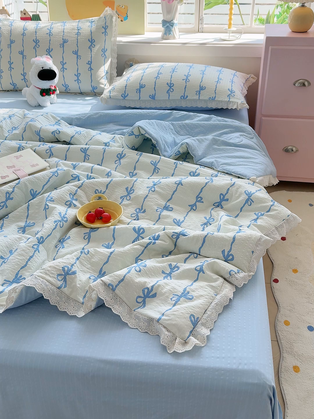 91家纺网 家纺一手货源 找家纺 弗苓家纺 2026新款高克重泡芙棉花边款夏被夏凉被空调被四件套小红书推荐-风格二 蓝缎结