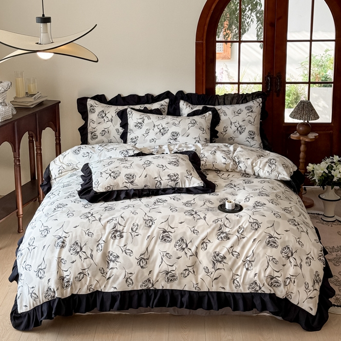 91家纺网 家纺一手货源 找家纺 晚爱家纺（原晚安家居） 2026新款法式花边水洗棉四件套赫本风韩版针织云朵棉三件套 法式风-玫瑰