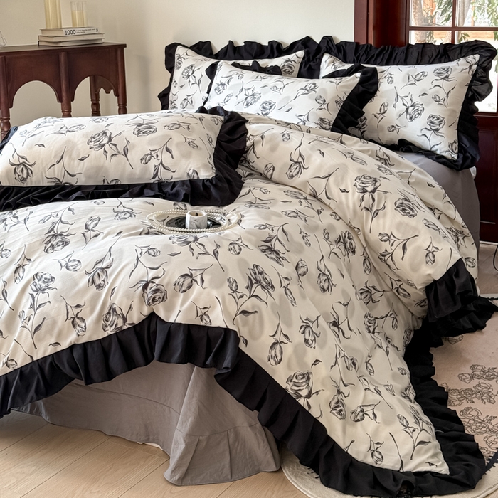 91家纺网 家纺一手货源 找家纺 晚爱家纺（原晚安家居） 2026新款法式花边水洗棉四件套赫本风韩版针织云朵棉三件套 法式风-玫瑰