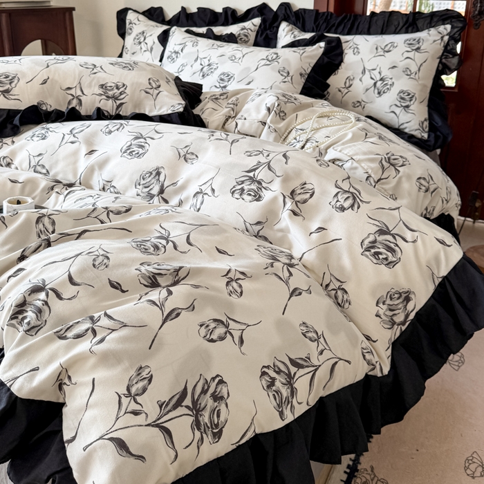 91家纺网 家纺一手货源 找家纺 晚爱家纺（原晚安家居） 2026新款法式花边水洗棉四件套赫本风韩版针织云朵棉三件套 法式风-玫瑰