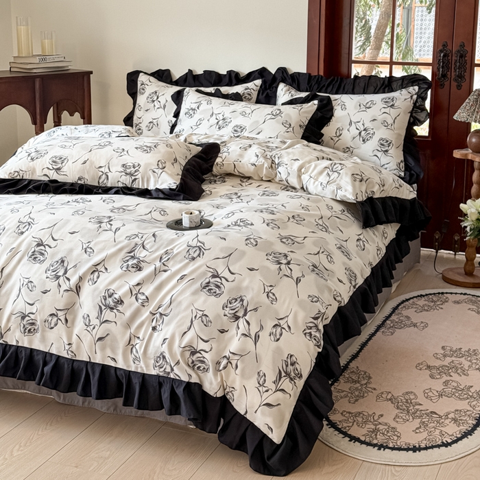 91家纺网 家纺一手货源 找家纺 晚爱家纺（原晚安家居） 2026新款法式花边水洗棉四件套赫本风韩版针织云朵棉三件套 法式风-玫瑰