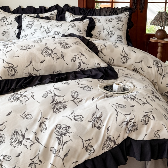 91家纺网 家纺一手货源 找家纺 晚爱家纺（原晚安家居） 2026新款法式花边水洗棉四件套赫本风韩版针织云朵棉三件套 法式风-玫瑰