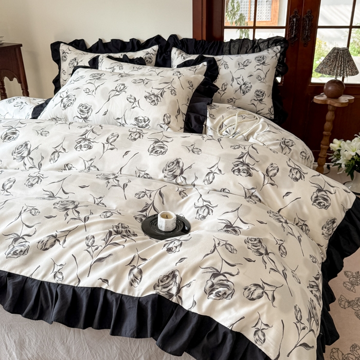 91家纺网 家纺一手货源 找家纺 晚爱家纺（原晚安家居） 2026新款法式花边水洗棉四件套赫本风韩版针织云朵棉三件套 法式风-玫瑰