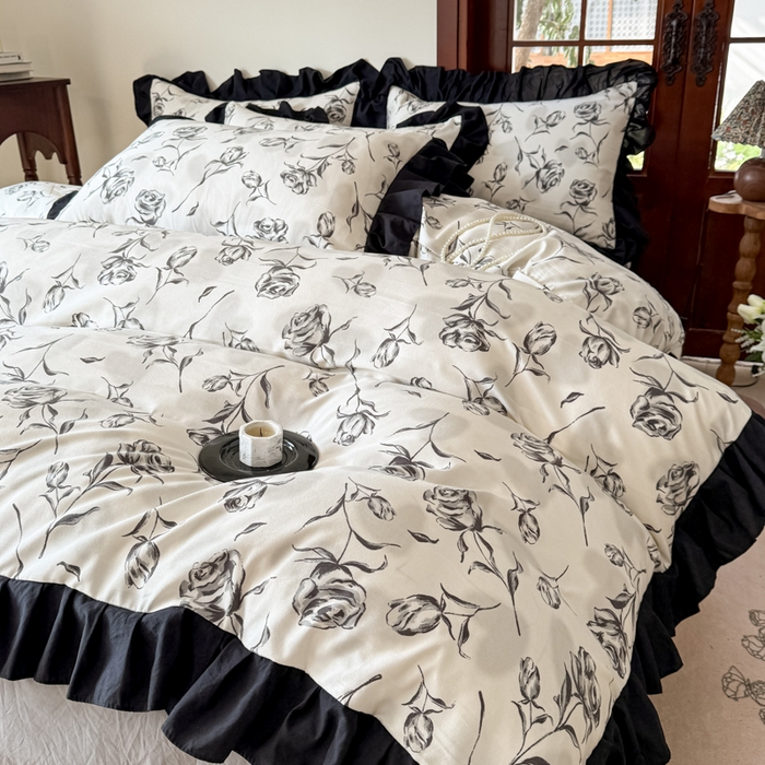 91家纺网 家纺一手货源 找家纺 晚爱家纺（原晚安家居） 2026新款法式花边水洗棉四件套赫本风韩版针织云朵棉三件套 法式风-玫瑰