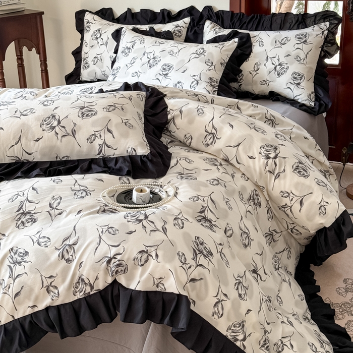 91家纺网 家纺一手货源 找家纺 晚爱家纺（原晚安家居） 2026新款法式花边水洗棉四件套赫本风韩版针织云朵棉三件套 法式风-玫瑰