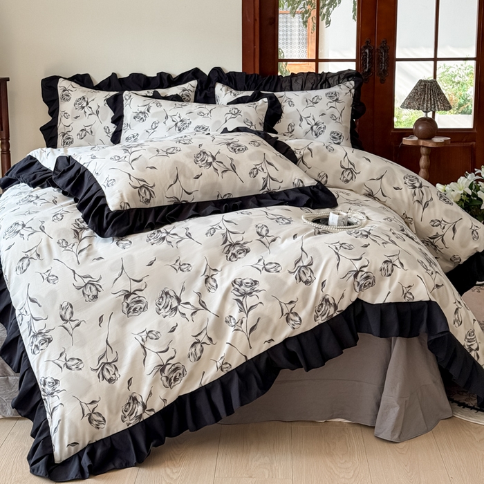 91家纺网 家纺一手货源 找家纺 晚爱家纺（原晚安家居） 2026新款法式花边水洗棉四件套赫本风韩版针织云朵棉三件套 法式风-玫瑰