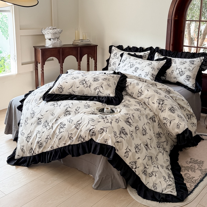 91家纺网 家纺一手货源 找家纺 晚爱家纺（原晚安家居） 2026新款法式花边水洗棉四件套赫本风韩版针织云朵棉三件套 法式风-玫瑰