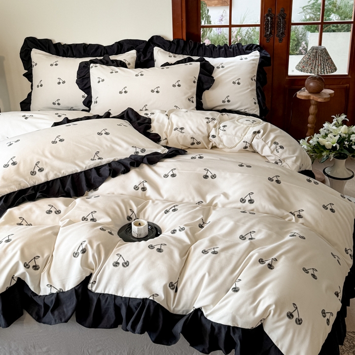 晚爱家纺（原晚安家居） 2026新款法式花边水洗棉四件套赫本风韩版针织云朵棉三件套 法式风-樱桃