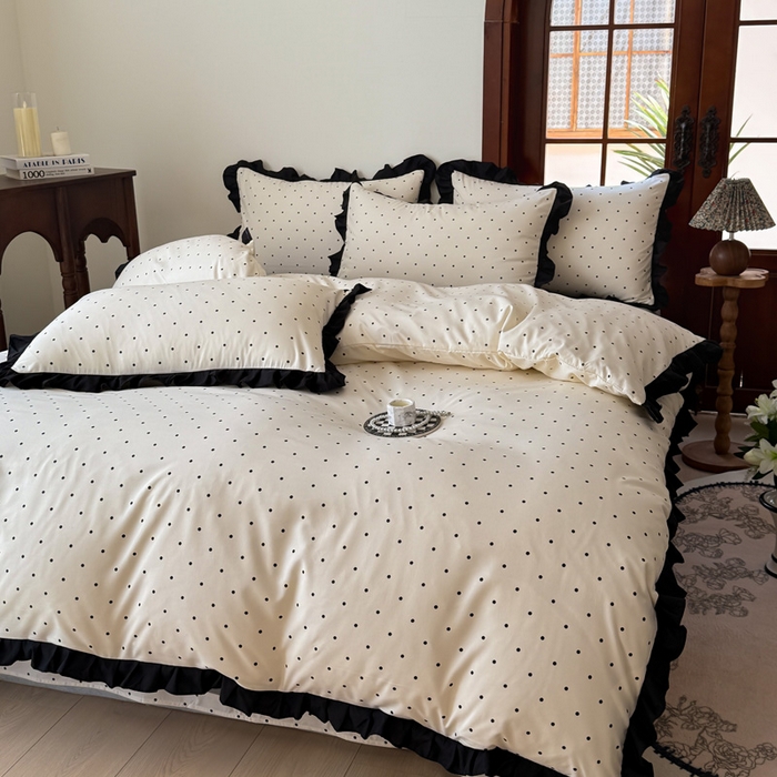 91家纺网 家纺一手货源 找家纺 晚爱家纺（原晚安家居） 2026新款法式花边水洗棉四件套赫本风韩版针织云朵棉三件套 法式风-黑色波点