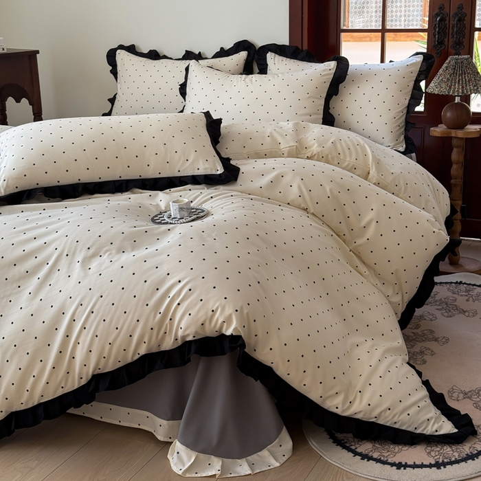 91家纺网 家纺一手货源 找家纺 晚爱家纺（原晚安家居） 2026新款法式花边水洗棉四件套赫本风韩版针织云朵棉三件套 法式风-黑色波点