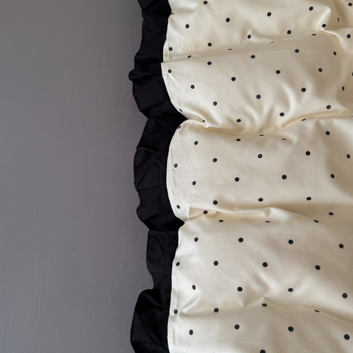 91家纺网 家纺一手货源 找家纺 晚爱家纺（原晚安家居） 2026新款法式花边水洗棉四件套赫本风韩版针织云朵棉三件套 法式风-黑色波点