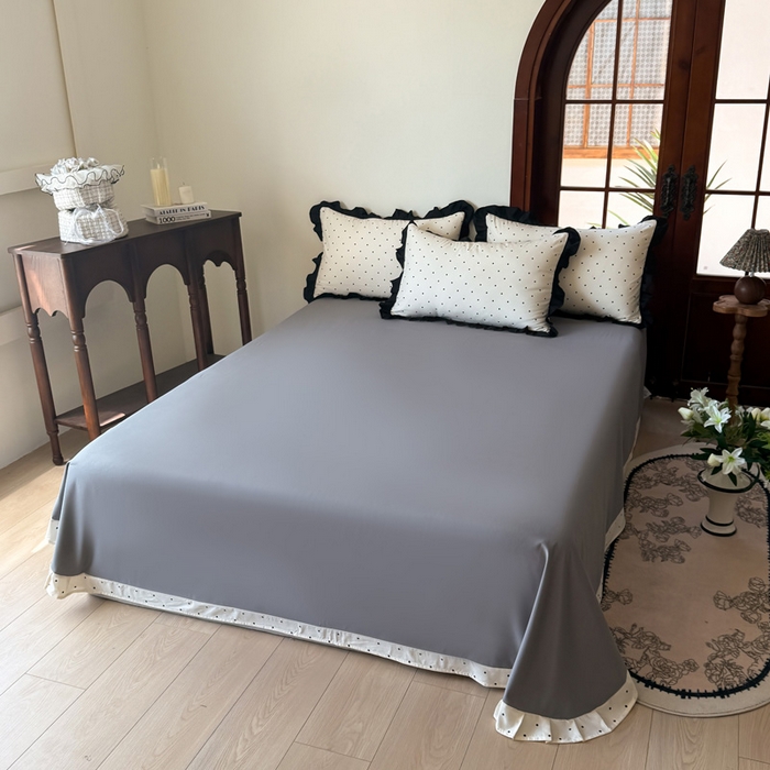 91家纺网 家纺一手货源 找家纺 晚爱家纺（原晚安家居） 2026新款法式花边水洗棉四件套赫本风韩版针织云朵棉三件套 法式风-黑色波点