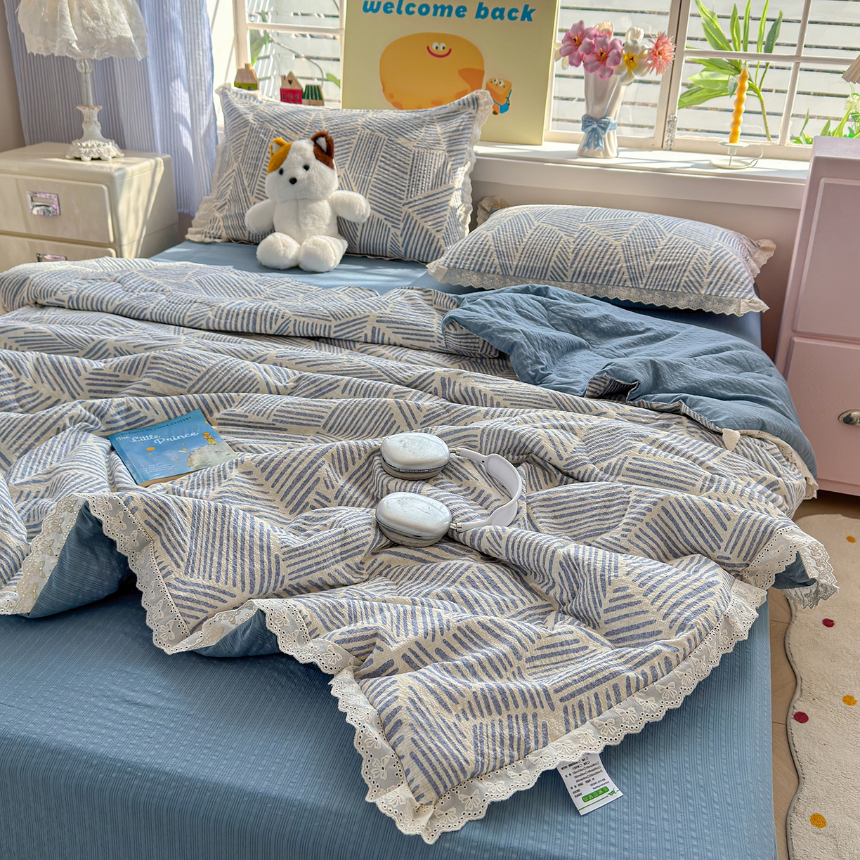 91家纺网 家纺一手货源 找家纺 弗苓家纺 2026新款高克重泡芙棉花边款夏被夏凉被空调被四件套小红书推荐-风格二 浅川纹