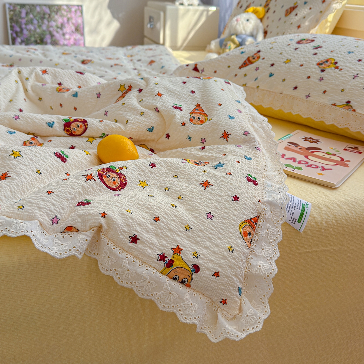 91家纺网 家纺一手货源 找家纺 弗苓家纺 2026新款高克重泡芙棉花边款夏被夏凉被空调被四件套小红书推荐-风格二 旧街星星