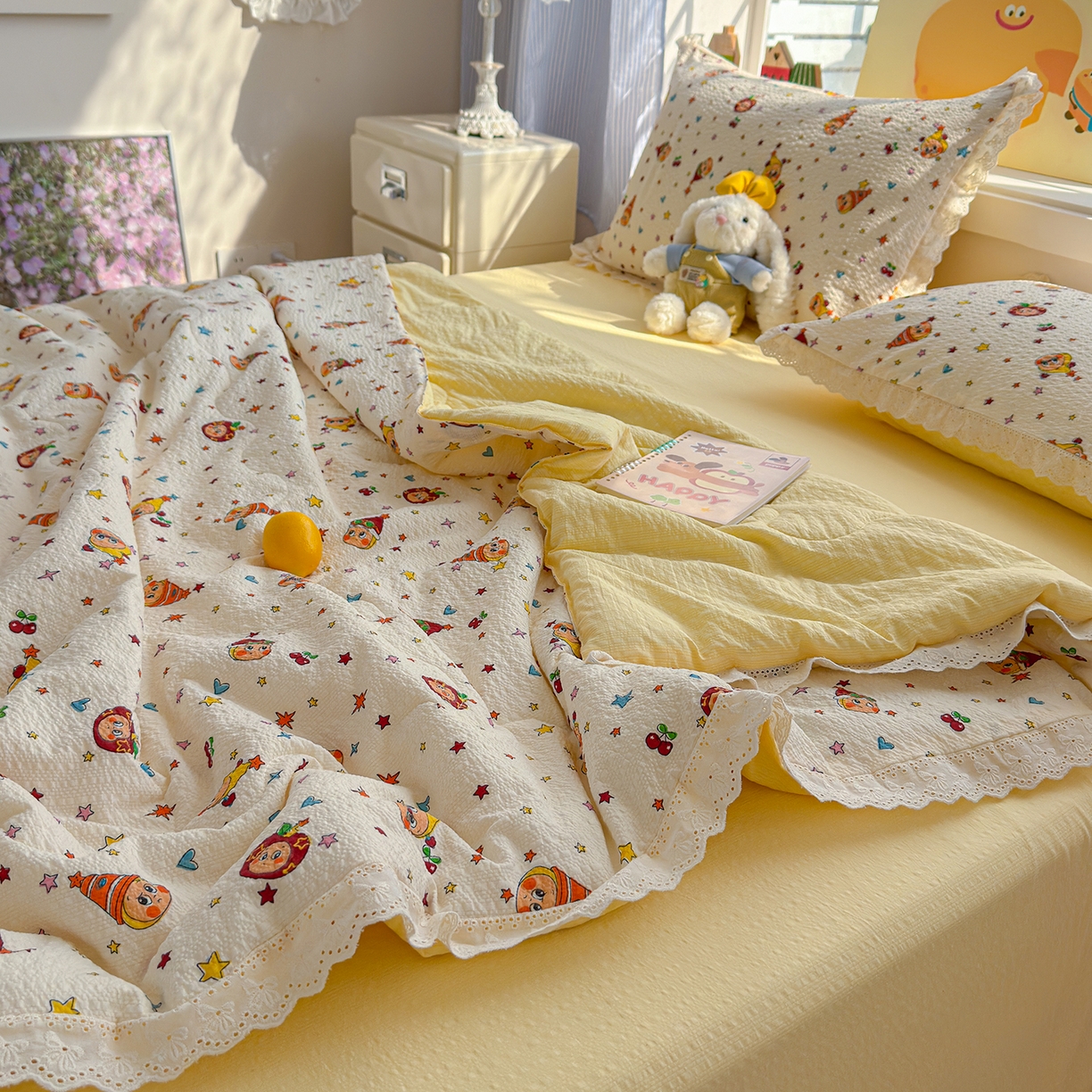 91家纺网 家纺一手货源 找家纺 弗苓家纺 2026新款高克重泡芙棉花边款夏被夏凉被空调被四件套小红书推荐-风格二 旧街星星