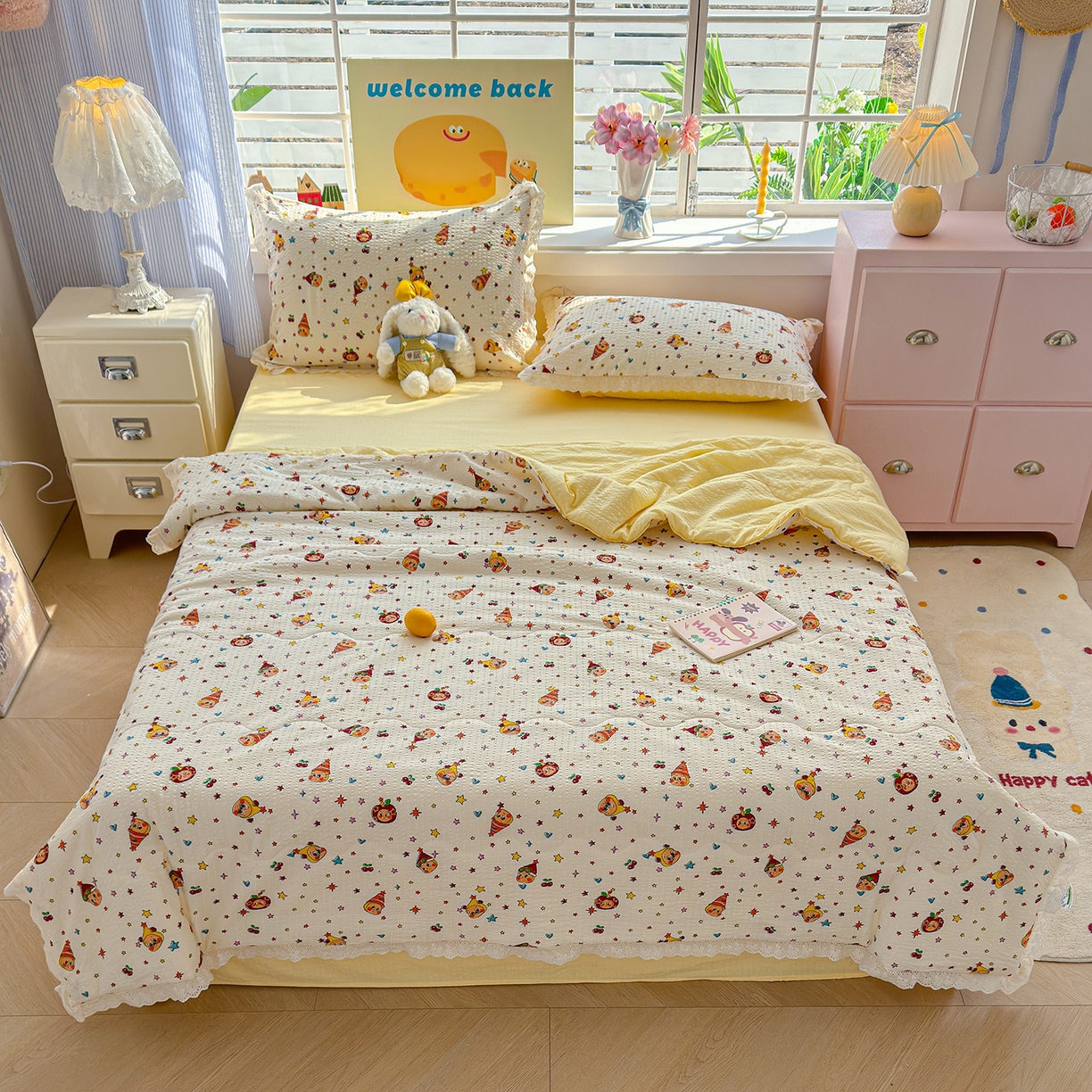 91家纺网 家纺一手货源 找家纺 弗苓家纺 2026新款高克重泡芙棉花边款夏被夏凉被空调被四件套小红书推荐-风格二 旧街星星