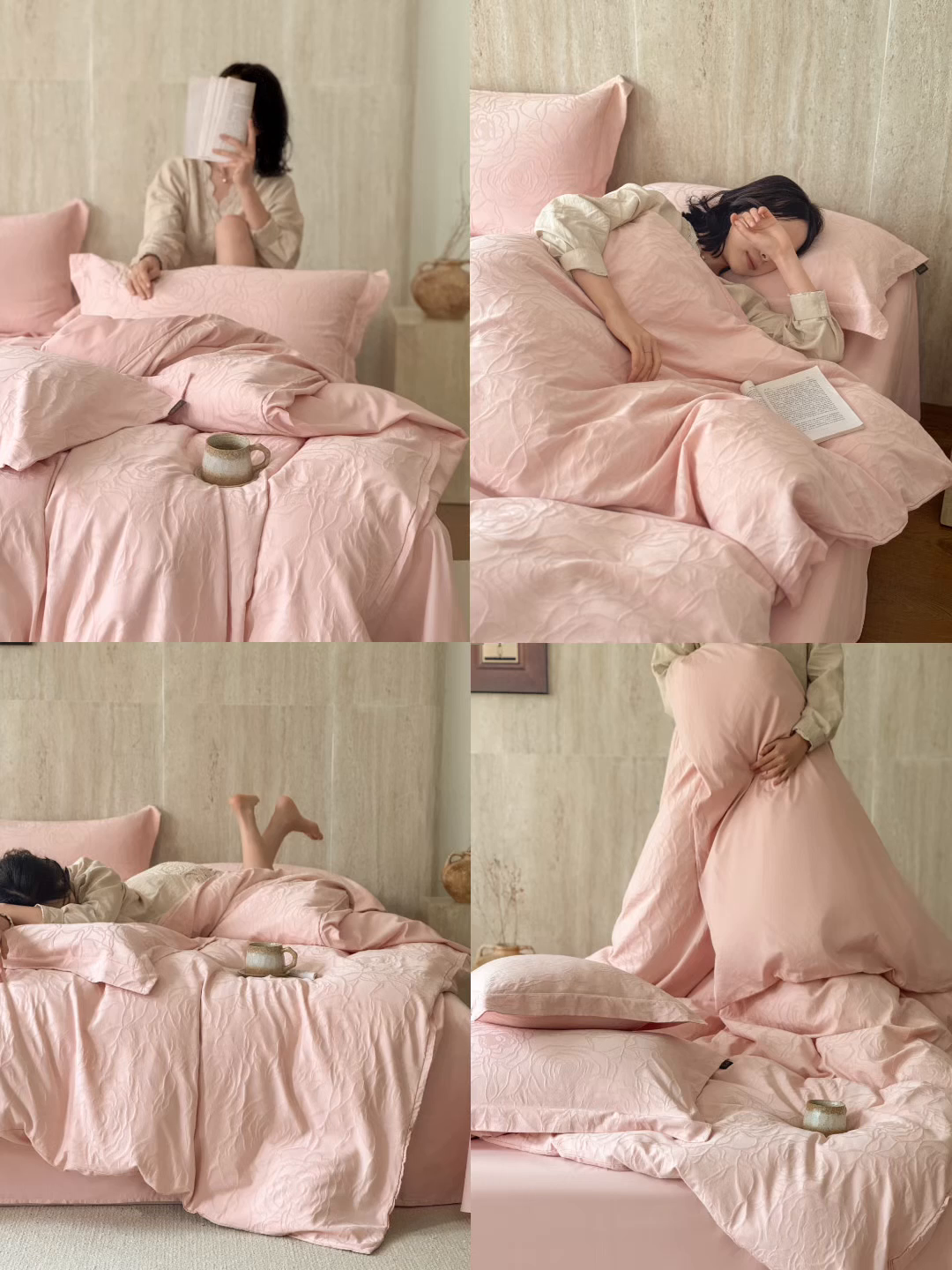 91家纺网 家纺一手货源 找家纺 莱豫家纺 2026春夏新款长绒棉全棉纯棉水洗浮雕提花四件套 格琳粉