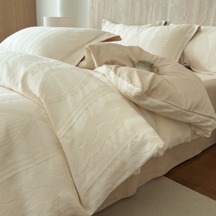 莱豫家纺 2026春夏新款长绒棉全棉纯棉水洗浮雕提花四件套 简意