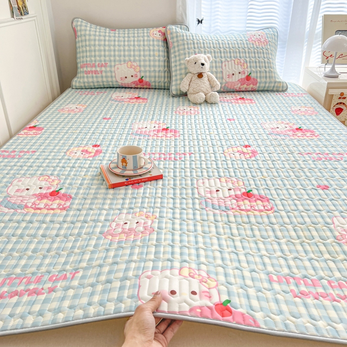 柒月家居 2026新款凉感丝小清新乳胶凉席 蓝格甜猫