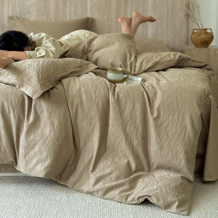 91家纺网 家纺一手货源 找家纺 莱豫家纺 2026春夏新款长绒棉全棉纯棉水洗浮雕提花四件套 魅奇