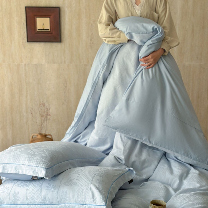 91家纺网 家纺一手货源 找家纺 莱豫家纺 2026春夏新款长绒棉全棉纯棉水洗浮雕提花四件套 娜蓝