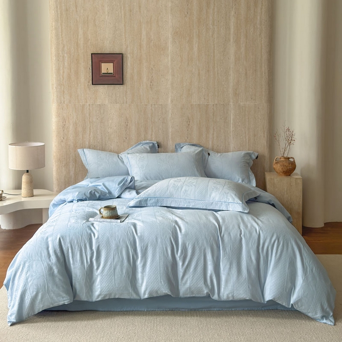 91家纺网 家纺一手货源 找家纺 莱豫家纺 2026春夏新款长绒棉全棉纯棉水洗浮雕提花四件套 娜蓝