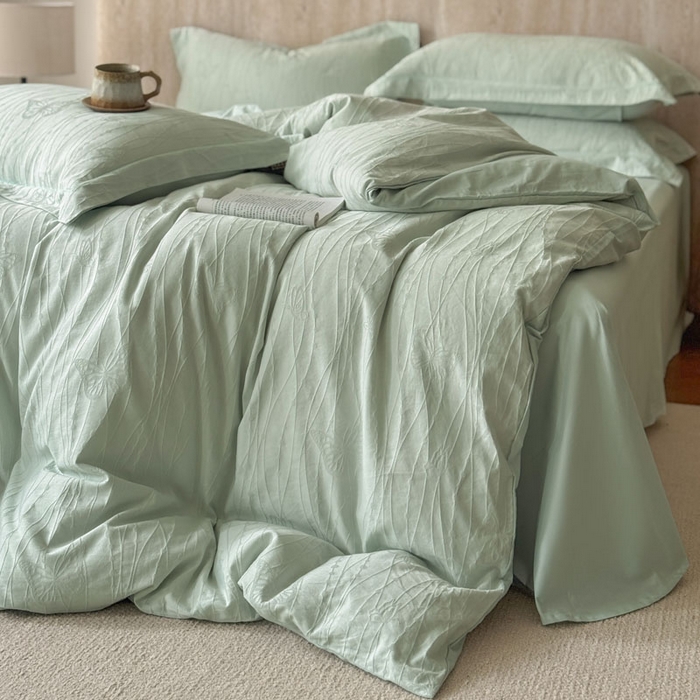 91家纺网 家纺一手货源 找家纺 莱豫家纺 2026春夏新款长绒棉全棉纯棉水洗浮雕提花四件套 佩里水绿