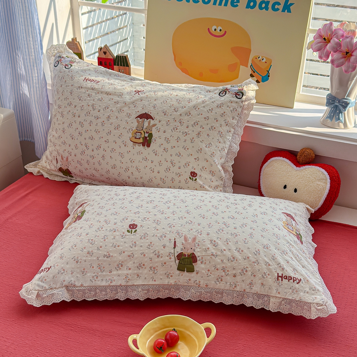 91家纺网 家纺一手货源 找家纺 弗苓家纺 2026新款高克重泡芙棉花边款夏被夏凉被空调被四件套小红书推荐-风格二 躲雨小兔