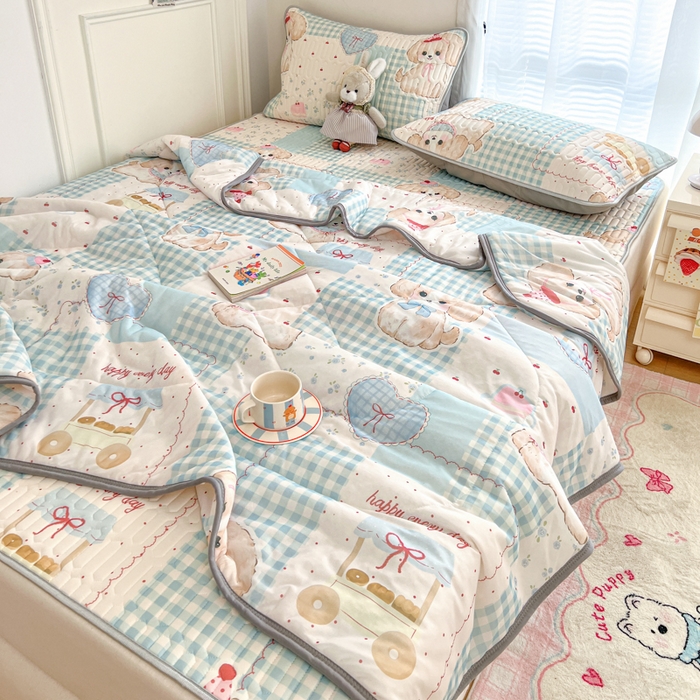 91家纺网 家纺一手货源 找家纺 柒月家居 2026新款凉感丝小清新乳胶凉席 蓝块汪仔