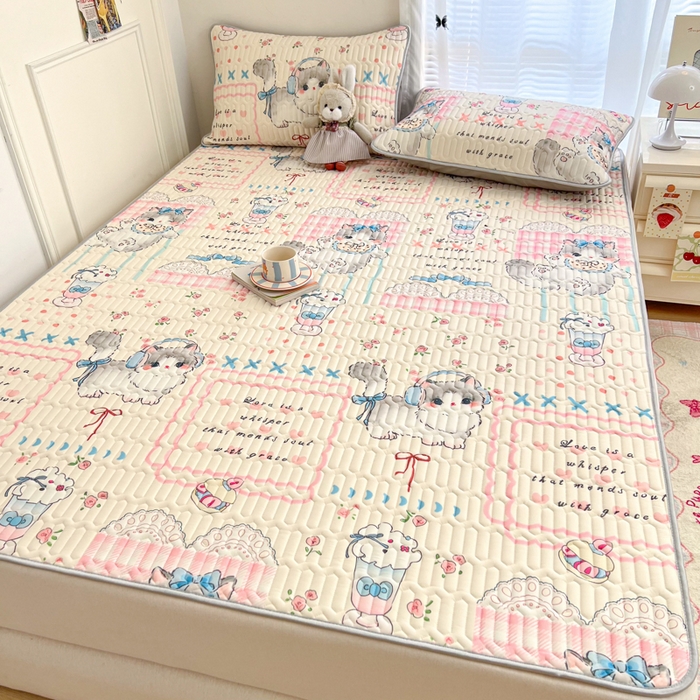 91家纺网 家纺一手货源 找家纺 柒月家居 2026新款凉感丝小清新乳胶凉席 奶盖猫咪