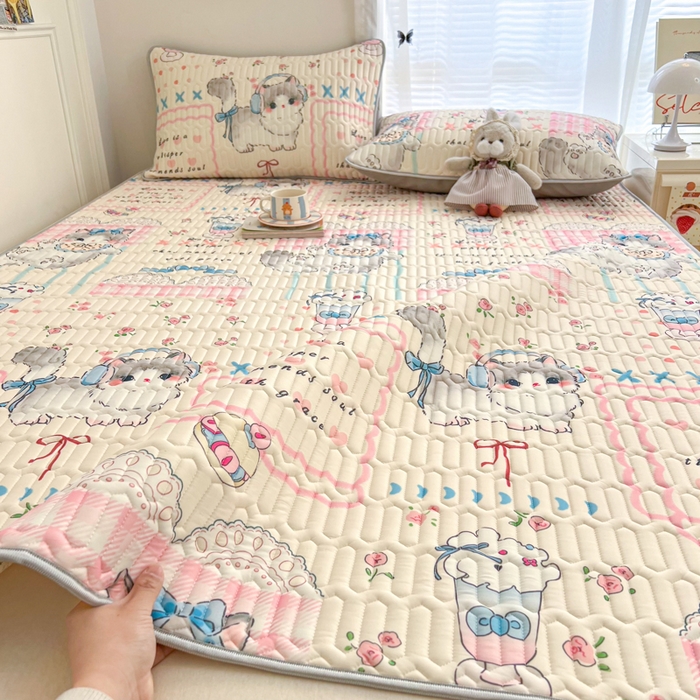 91家纺网 家纺一手货源 找家纺 柒月家居 2026新款凉感丝小清新乳胶凉席 奶盖猫咪