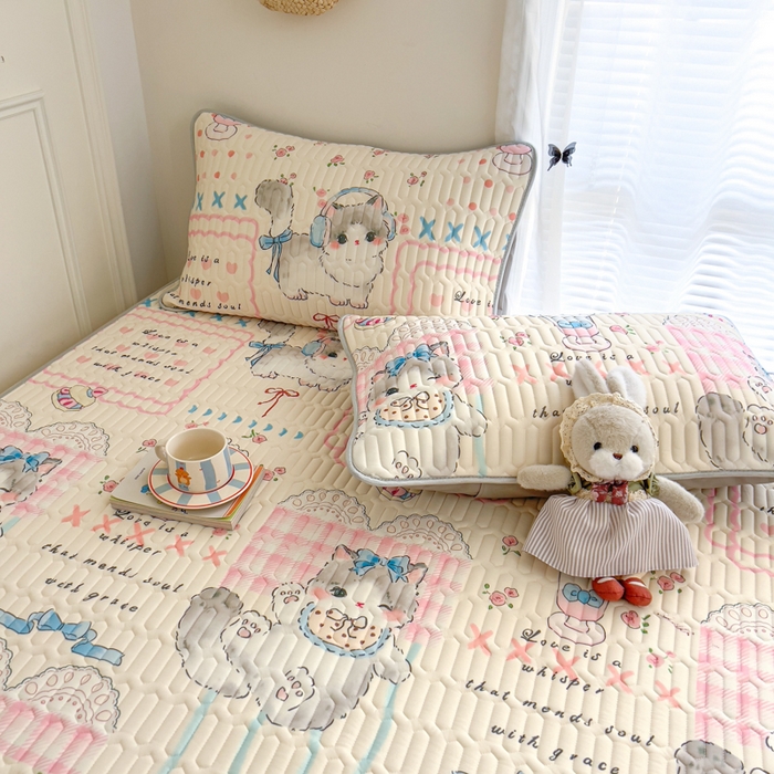 91家纺网 家纺一手货源 找家纺 柒月家居 2026新款凉感丝小清新乳胶凉席 奶盖猫咪