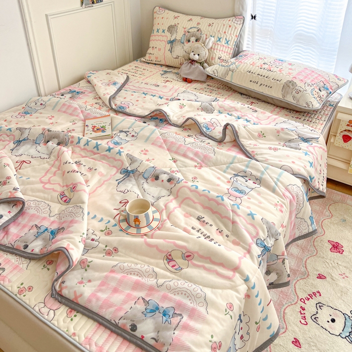 91家纺网 家纺一手货源 找家纺 柒月家居 2026新款凉感丝小清新乳胶凉席 奶盖猫咪